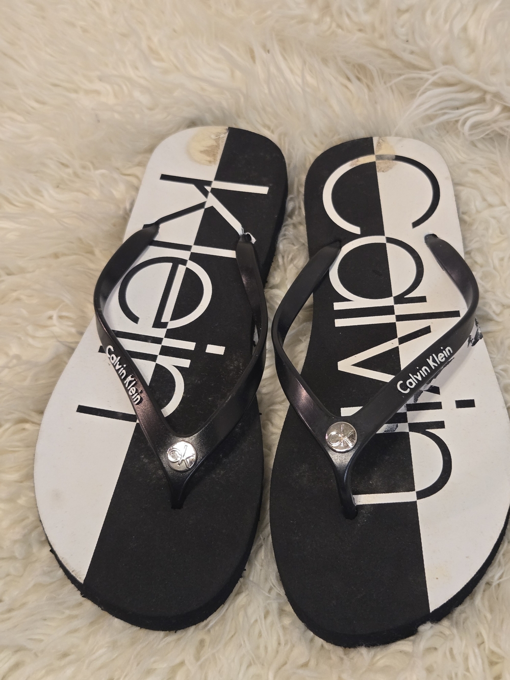 Calvin Klein Black & White Logo Thong Sandals